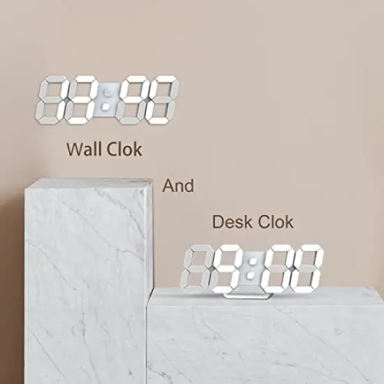 3D Wall Clock Desk Auto Dimming 12/24 Hour Date Temperature Home Decor Remote Control Silent Snooze USB Nightlight Bedroom Living Room Kitchen Office 9.7inch Cool White {6}