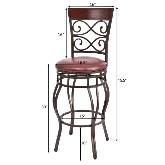 30 Inch Set of 2 Swivel Bar Stool with Curved Backrest and Footrest Brown {5}