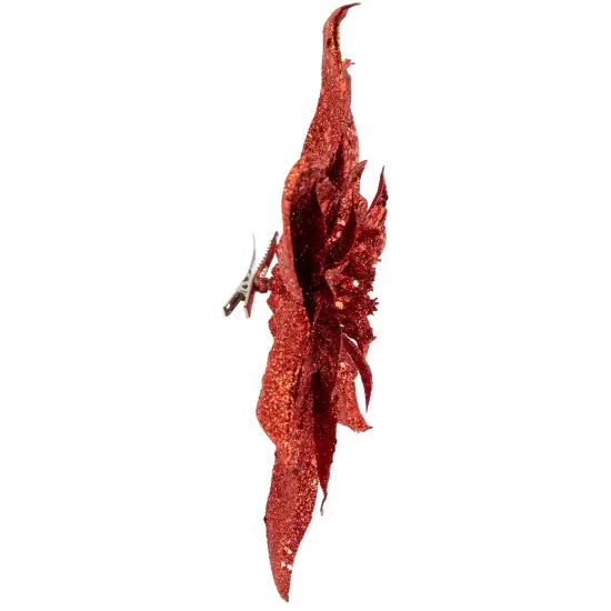 Northlight Artificial Glittered Poinsettia Christmas Floral Pick Clip-On Ornament - 9" - Red {5}