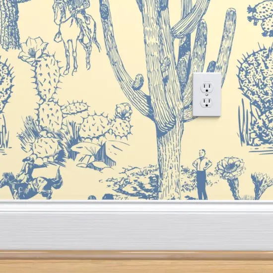 Pre-Pasted Wallpaper 2FT Wide Western Cowboy Cowgirl Toile Cactus Chinoiserie Southwestern Cacti Rustic Custom Pre-pasted Wallpaper by Spoonflower {4}