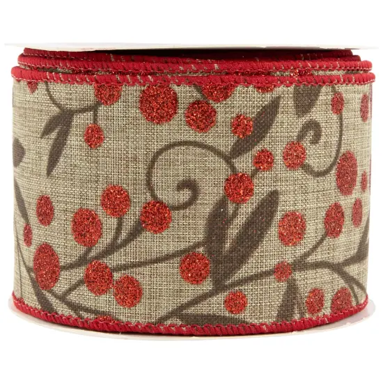 Northlight Red Berry Burlap Style Wired Craft Christmas Ribbon 2.5" x 10 Yards Brown {5}