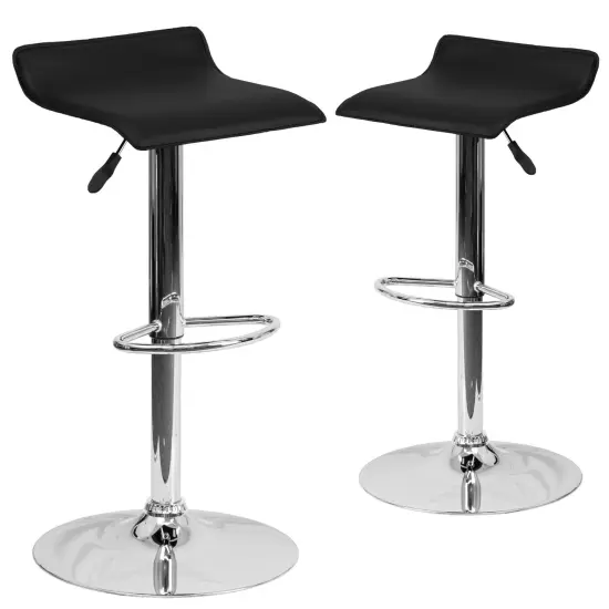 Emma and Oliver 2 Pack Contemporary Vinyl Adjustable Height Barstool with Solid Wave Seat and Chrome Base Black {1}