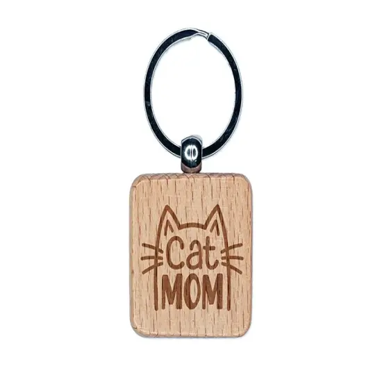 Cat Mom Engraved Wood Square Keychain Tag Charm {1}