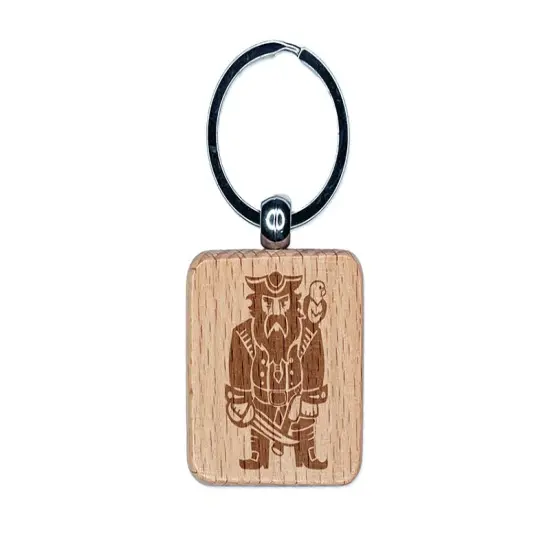 Grumpy Pirate with Weapons and Parrot Engraved Wood Square Keychain Tag Charm {1}