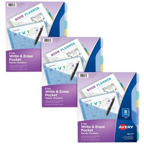 Avery Write & Erase Pocket Plastic Dividers for 3 Ring Binders, 8-Tab Sets, Multicolor, Works With Sheet Protectors, 3 Sets (31701) {1}
