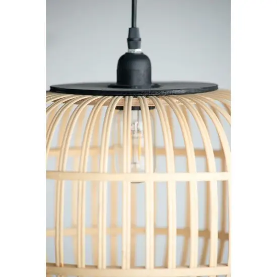 Mid-Century Modern Style Squatty Round Bamboo Wooden Pendant Lamp {4}