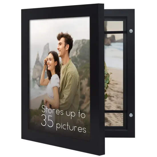 Americanflat Quick-Change Photo Storage Display Frame - Store up to 35 Pictures at Once with Elastic Strap Storage - Shatter Resistant Glass - Hanging Hardware - Includes Easel - Black {7}