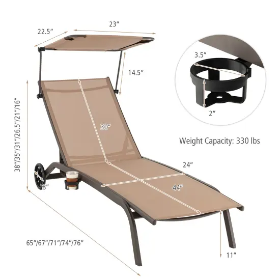 Patio Heavy-Duty Adjustable Chaise Lounge Chair with Canopy Cup holder and Wheels-Brown {4}