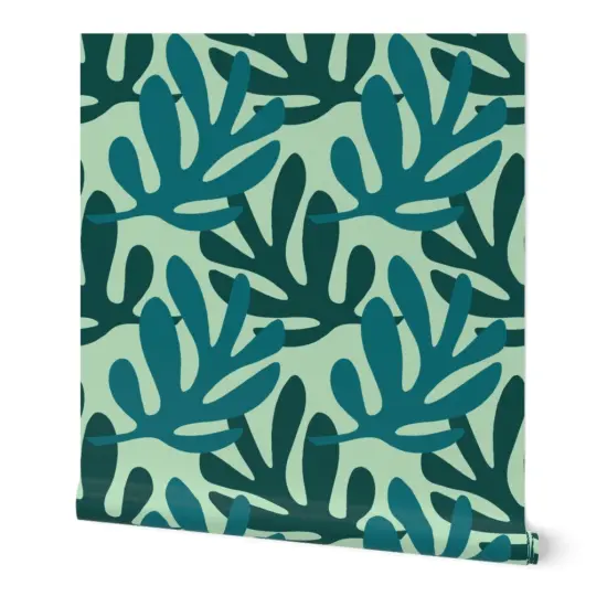 Peel & Stick Wallpaper 2FT Wide Leaves Silhouette Green Monochrome Plant Botanical Nature Custom Removable Wallpaper by Spoonflower {7}