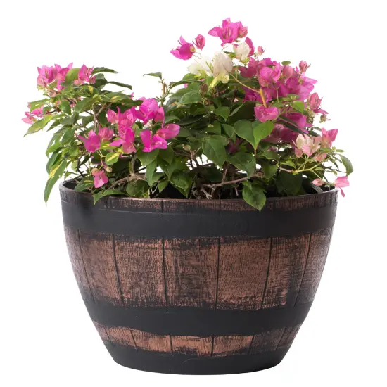 Brown Outdoor Rustic Half Barrel Flower Garden Planter Bowl, Plastic {1}