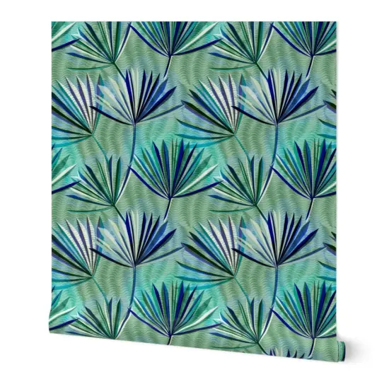 Peel & Stick Wallpaper 2FT Wide Jungle Palm Tropical Foliage Rainforest Summer Electric Blue Green Large Scale Custom Removable Wallpaper by Spoonflower {7}