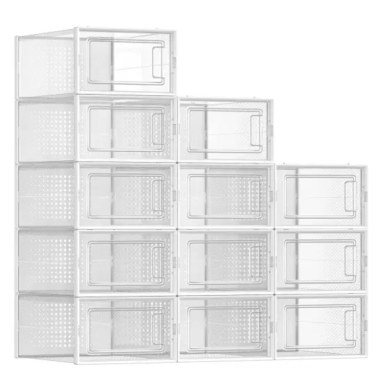 SONGMICS Shoe Boxes, Pack of 12 Shoe Storage Organizers, Stackable Clear Plastic Boxes for Closet, Sneakers, 9.1 x 13.1 x 5.6 Inches, Fit up to US Size 11, Transparent and White ULSP12SWT {1}