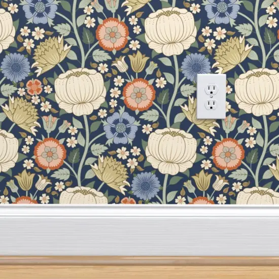 Peel & Stick Wallpaper 2FT Wide Arts And Crafts Antique Graphic Hand Drawn Flowers Victorian Renaissance Baroque Blue Beige Custom Removable Wallpaper by Spoonflower {4}