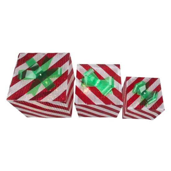 Northlight Lighted Candy Cane Striped Gift Box Outdoor Christmas Decoration - 12" - Red and White - Set of 3 {5}