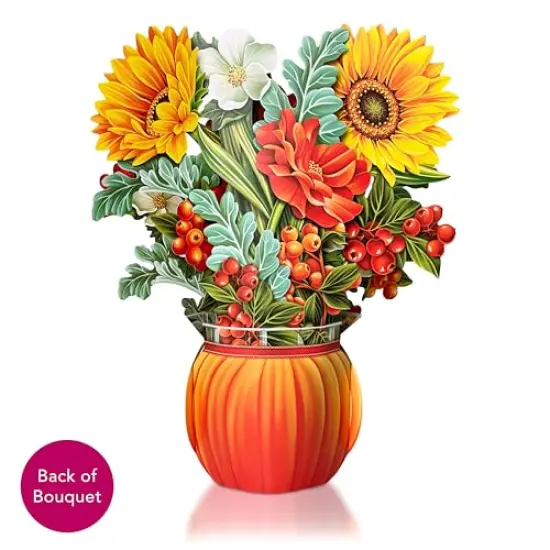 Freshcut Paper Pop Up Cards, Pumpkin Harvest, 12 inch Life Sized Forever Flower Bouquet 3D Popup Thanksgiving, Autumn, Fall Greeting Cards with Note Card and Envelope - Harvest Party Decoration {2}