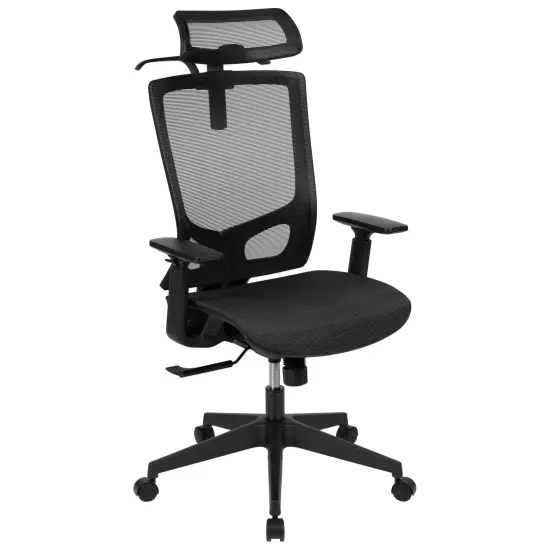 Emma and Oliver Ergonomic Mesh Office Chair-Synchro-Tilt, Pivot Headrest, Adjustable Arms Black {1}
