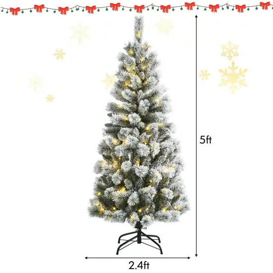 Pre-Lit Hinged Christmas Tree Snow Flocked with 9 Modes Remote Control Lights {4}