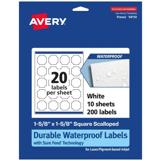 Avery Durable Waterproof Square Scalloped Labels with Sure Feed, 1-5/8" x 1-5/8" {7}