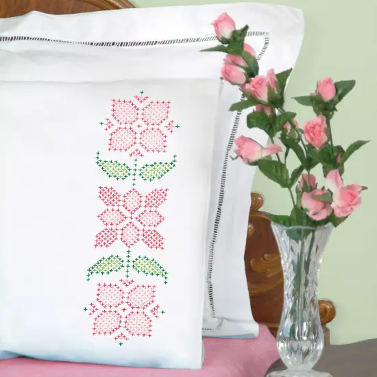 Jack Dempsey Stamped Pillowcases W/White Perle Edge 2/Pkg-Cross-Stitch Pretty In Pink {2}