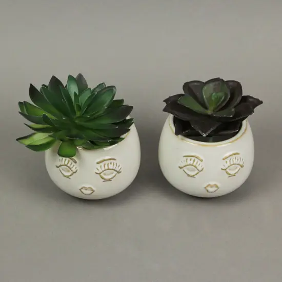 Set of 2 Ceramic Round Female Face Mini Succulent Planters 3 Inches Tall {4}