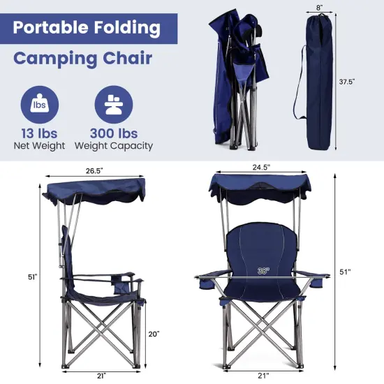 Portable Folding Beach Canopy Chair with Cup Holders Blue {5}