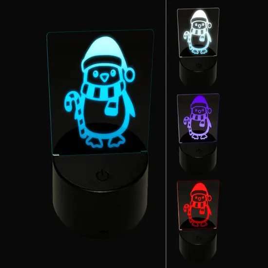 Christmas Penguin with Candy Cane 3D Illusion LED Night Light Sign Nightstand Desk Lamp {1}