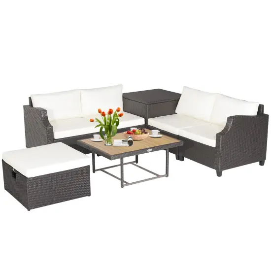 7 Pieces Hand-Woven Wicker Outdoor Furniture Set with Acacia Wood Coffee Table-White {4}