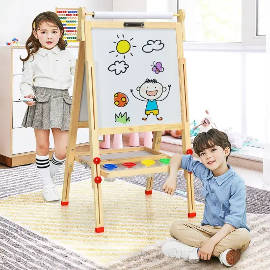 Kids Art Easel with Paper Roll Double-Sided Regulable Drawing Easel Plank {3}