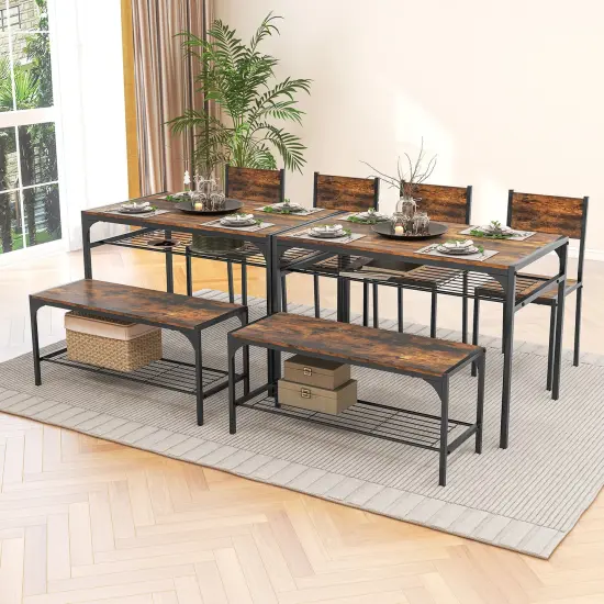 Wood Industrial Rectangular Dining Table with Bench and Metal Chairs Rustic Brown {3}