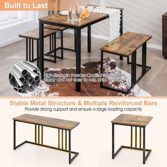 4 Pieces Industrial Dining Table Set with Bench and 2 Stools-Brown {6}