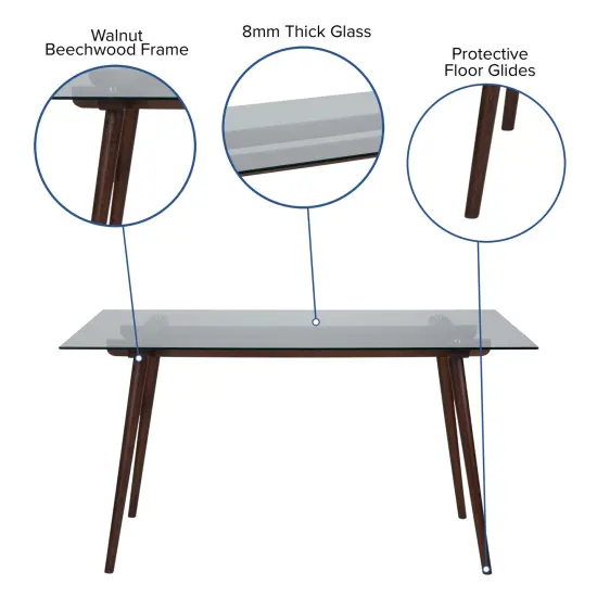 Merrick Lane Meriden 31.5" x 55" Rectangular Solid Wood Table with Glass Top Clear/Walnut {2}