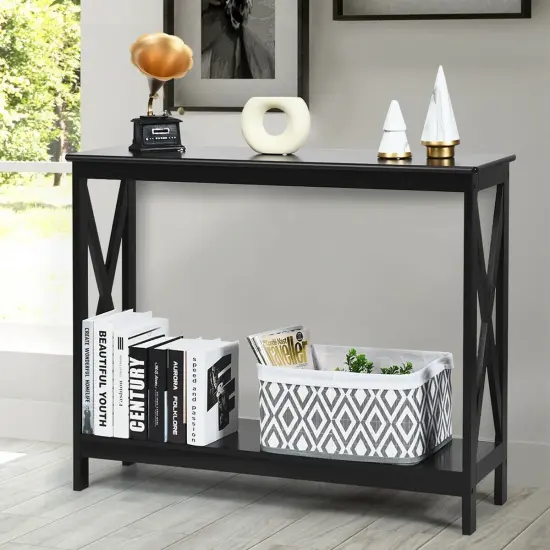 2-Tier Console X-Design Sofa Side Accent Table with Spacious Storage Space Black {2}