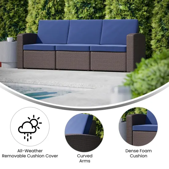 Merrick Lane Malmok Outdoor Furniture Resin Sofa Faux Rattan Wicker Pattern Patio 3-Seat Sofa With All-Weather Cushions Brown/Navy {2}