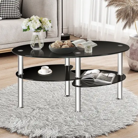 Tempered Glass Oval Side Coffee Table Black {3}