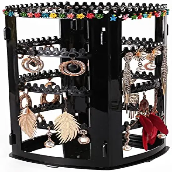 Sooyee 360 Rotating Earring Holder and Jewelry Organizer, 4 Tiers Jewelry Rack Display Classic Stand, 156 Holes and 160 Grooves for Necklaces Earrings Piercings, Black {6}