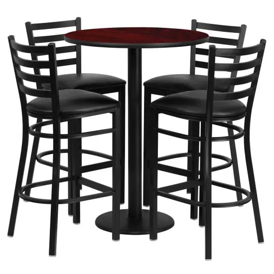 Emma and Oliver 30" Round Laminate Table Set with 4 Ladder Back Metal Stools MahoganyTop/BlackVYL {1}