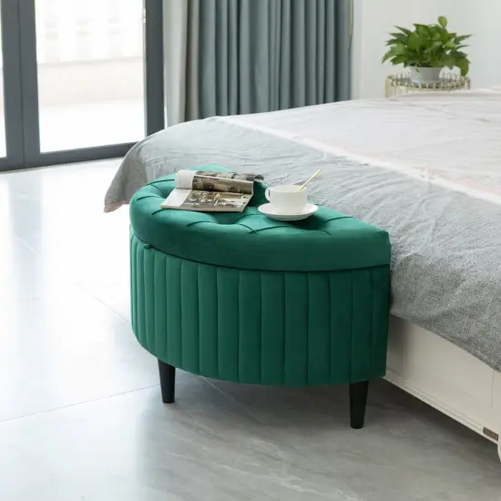 Half Moon Modern Velvet Tufted Storage Ottoman Bench, Green {2}