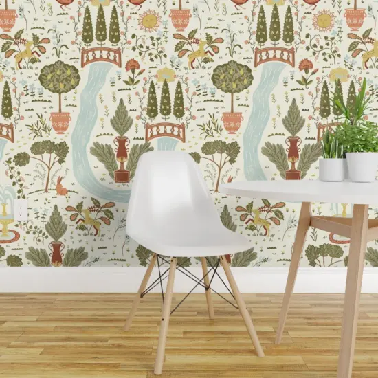 Peel & Stick Wallpaper 2FT Wide Multicolor. Birds Rabbit Whimsical Peacock Illustration Folk Garden Italian Terracotta Tuscany Fountains Large Scale Custom Removable Wallpaper by Spoonflower {1}