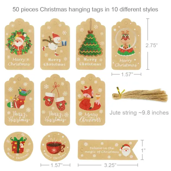 Wrapables Christmas Holiday Gift Tags/Kraft Hang Tags with Jute Strings for Gift-Wrapping, DIY, Arts & Crafts (50pcs) Holiday {2}