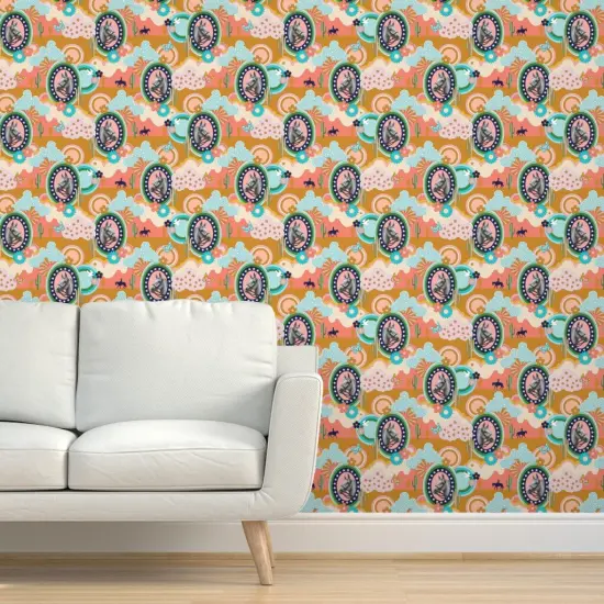 Pre-Pasted Wallpaper 2FT Wide Horse Cactus Butterfly Bird Flower 70S Pop Art Clouds Western Cowboy Cowgirl Custom Pre-pasted Wallpaper by Spoonflower {5}