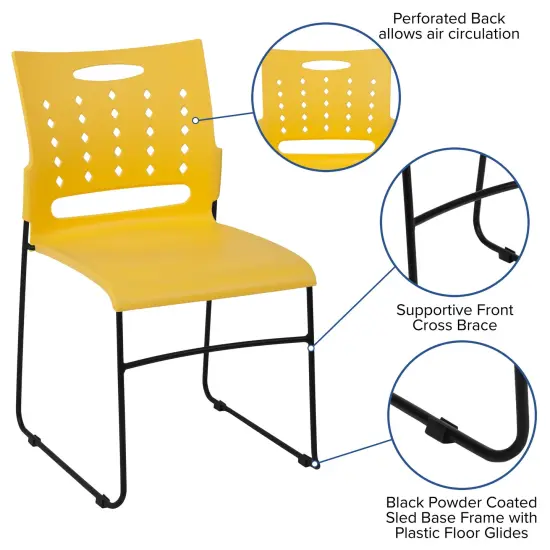 Emma and Oliver Home Office Plastic Accent Sled Base Stack Chair - Air-Vent Back Yellow {2}