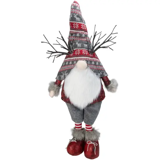 Northlight LED Lighted Nordic Hat Standing Santa Christmas Gnome with Antlers - 30" - Gray Red {1}