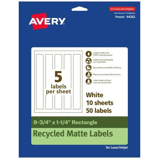 Avery Recycled Matte White Labels,9-3/4" x 1-1/4" Rectangle {7}