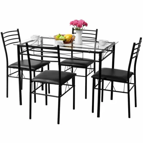 5 pcs Dining Glass Top Table & 4 Upholstered Chairs {3}