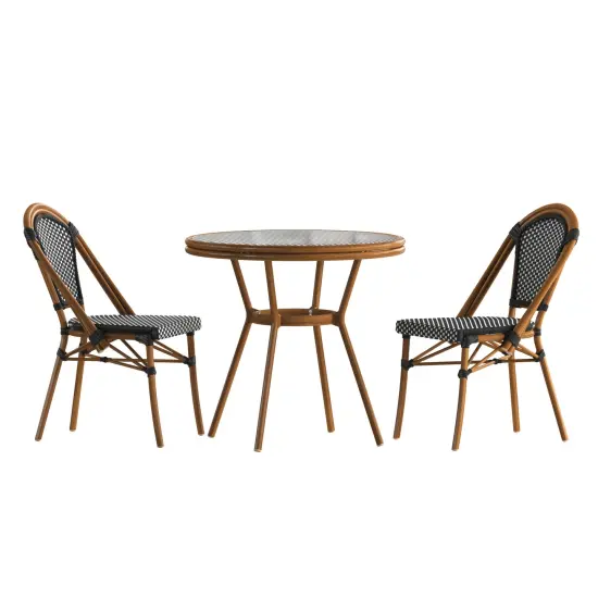 Merrick Lane Sacha Bistro Style Table with Glass Top, PE Rattan, 2 Stack Chairs, and Bamboo Finished Metal Frame for Indoor/Outdoor Use Navy&White/Natural {8}
