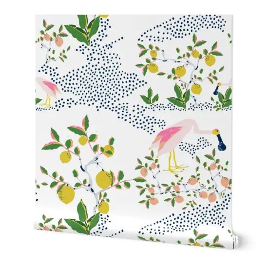 Peel & Stick Wallpaper 2FT Wide Tropical Exotic Birds Whimsical Nature Spoonbill Lemon Dots Coastal Custom Removable Wallpaper by Spoonflower {7}