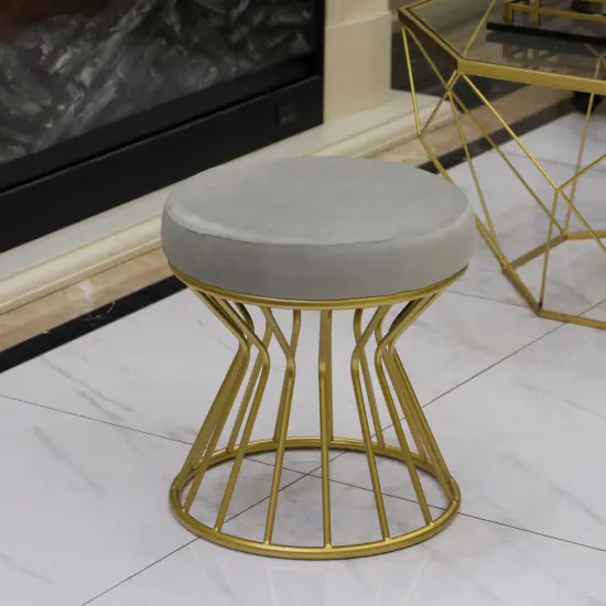 Modern Round Velvet Stool with Bent Gold Metal Base Standard Ottoman Gray {5}