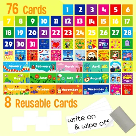 Calendar Pocket Chart Classroom Monthly Chart with 76 Cards 68 Illustrated Activity Cards 8 Dry Erase Blank Cards Plus 3 Over-Door Metal Hangers for Classroom Home or Preschool 20 x 19 Inches {5}