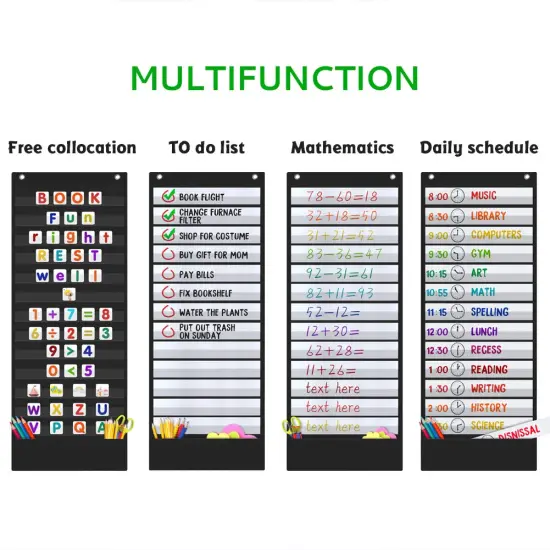 Daily Schedule Pocket Chart, 13+1 Pocket, Scheduling Pocket Chart, 18 Dry-Eraser Cards, Educational Charts for Classroom Office Home Preschool Activity (Black) {6}