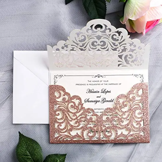 20 Pcs Laser Cut Wedding Invitation Card with Envelope for Wedding Quinceanera Bridal Shower Baby Shower Party Invite (Rose Gold Glitter) {2}